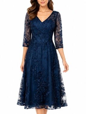 La Femme -  30016 Lace Embroidered Mesh Midi Dress